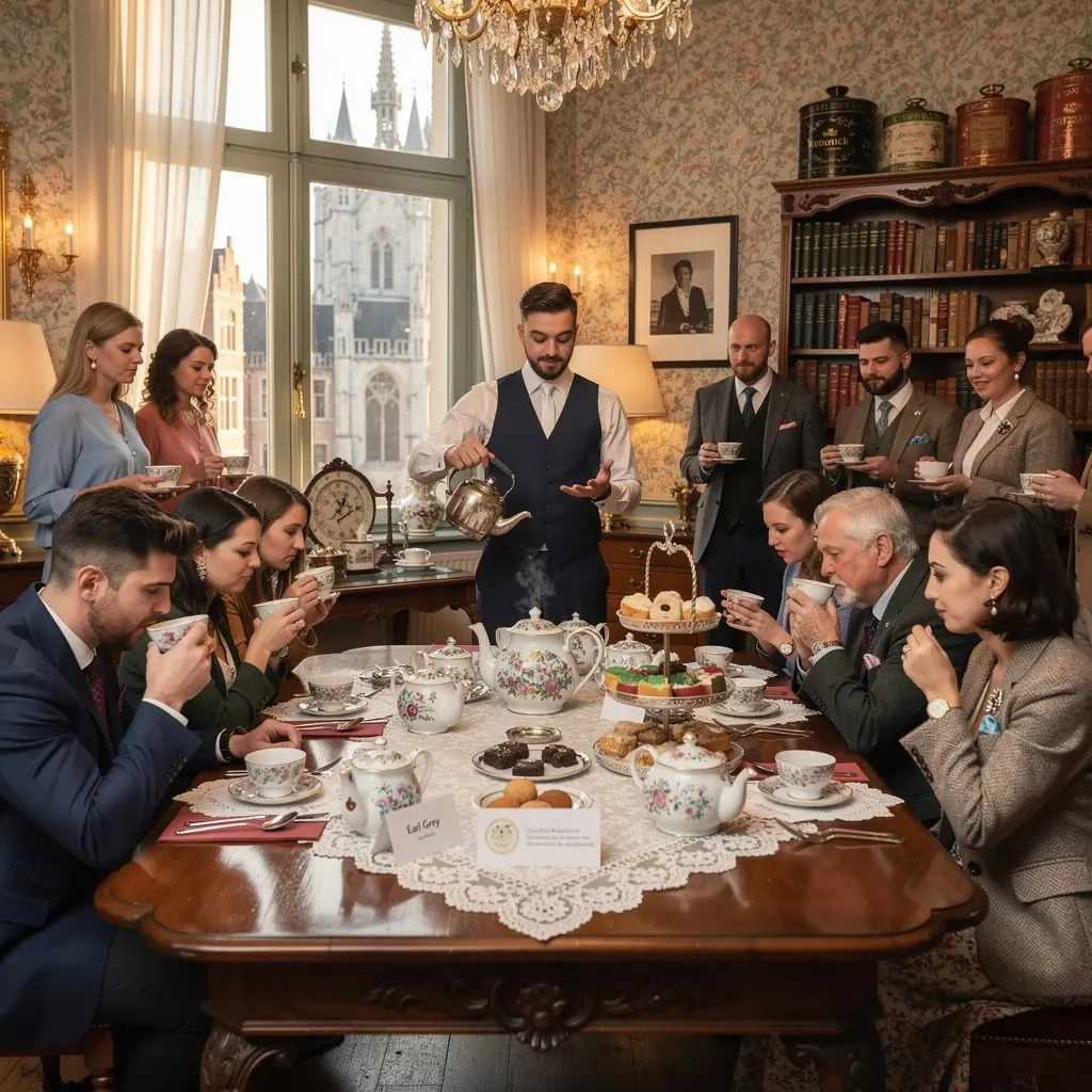 Fleurs fraîches disposées autour d'une tasse de thé dans un cadre classique.